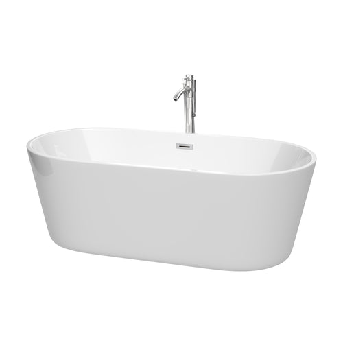 Wyndham Carissa 67 Inch Freestanding Bathtub in White with Floor Mounted Faucet, Drain and Overflow Trim in Polished Chrome- Wyndham