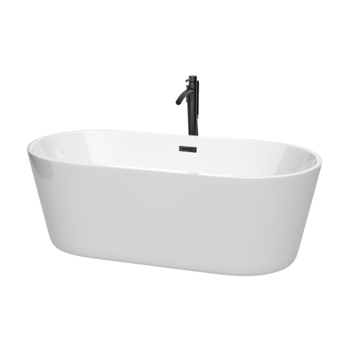 Wyndham Carissa 67 Inch Freestanding Bathtub in White with Floor Mounted Faucet, Drain and Overflow Trim in Matte Black- Wyndham