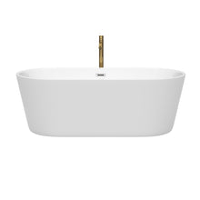 Load image into Gallery viewer, Wyndham Carissa 67 Inch Freestanding Bathtub in White with Polished Chrome Trim and Floor Mounted Faucet in Brushed Gold- Wyndham