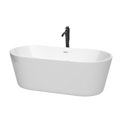 Wyndham Carissa 67 Inch Freestanding Bathtub in White with Shiny White Trim and Floor Mounted Faucet in Matte Black- Wyndham