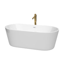 Load image into Gallery viewer, Wyndham Carissa 67 Inch Freestanding Bathtub in White with Shiny White Trim and Floor Mounted Faucet in Brushed Gold- Wyndham