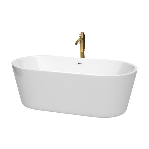 Wyndham Carissa 67 Inch Freestanding Bathtub in White with Shiny White Trim and Floor Mounted Faucet in Brushed Gold- Wyndham