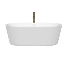Load image into Gallery viewer, Wyndham Carissa 67 Inch Freestanding Bathtub in White with Shiny White Trim and Floor Mounted Faucet in Brushed Gold- Wyndham