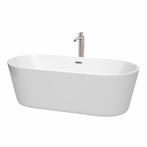 Wyndham Carissa 71 Inch Freestanding Bathtub in White with Floor Mounted Faucet, Drain and Overflow Trim in Brushed Nickel- Wyndham