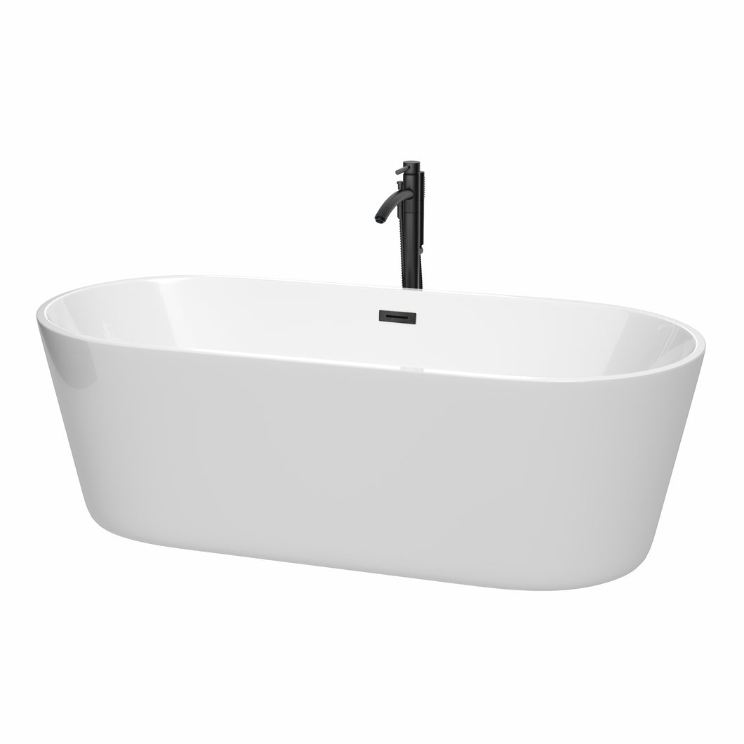 Wyndham Carissa 71 Inch Freestanding Bathtub in White with Floor Mounted Faucet, Drain and Overflow Trim in Matte Black- Wyndham