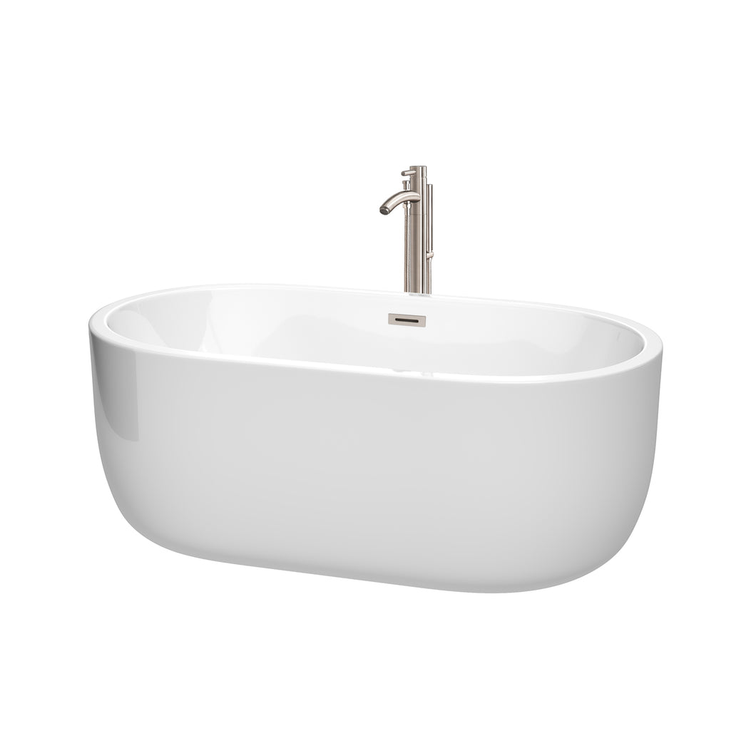 Wyndham Juliette 60 Inch Freestanding Bathtub in White with Floor Mounted Faucet, Drain and Overflow Trim in Brushed Nickel- Wyndham