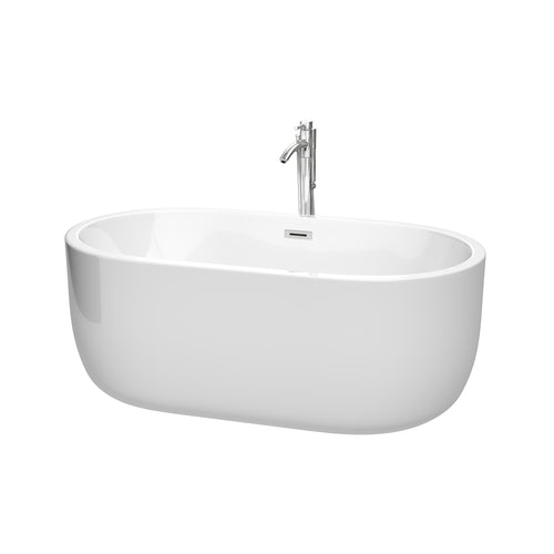 Wyndham Juliette 60 Inch Freestanding Bathtub in White with Floor Mounted Faucet, Drain and Overflow Trim in Polished Chrome- Wyndham