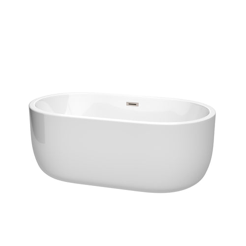 Wyndham Juliette 60 Inch Freestanding Bathtub in White with Brushed Nickel Drain and Overflow Trim- Wyndham