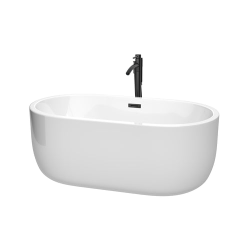 Wyndham Juliette 60 Inch Freestanding Bathtub in White with Floor Mounted Faucet, Drain and Overflow Trim in Matte Black- Wyndham