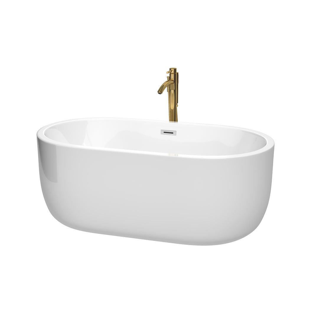 Wyndham Juliette 60 Inch Freestanding Bathtub in White with Polished Chrome Trim and Floor Mounted Faucet in Brushed Gold- Wyndham