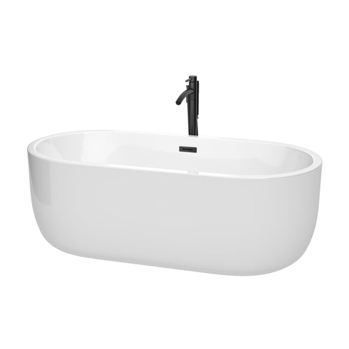 Wyndham Juliette 67 Inch Freestanding Bathtub in White with Floor Mounted Faucet, Drain and Overflow Trim in Matte Black- Wyndham