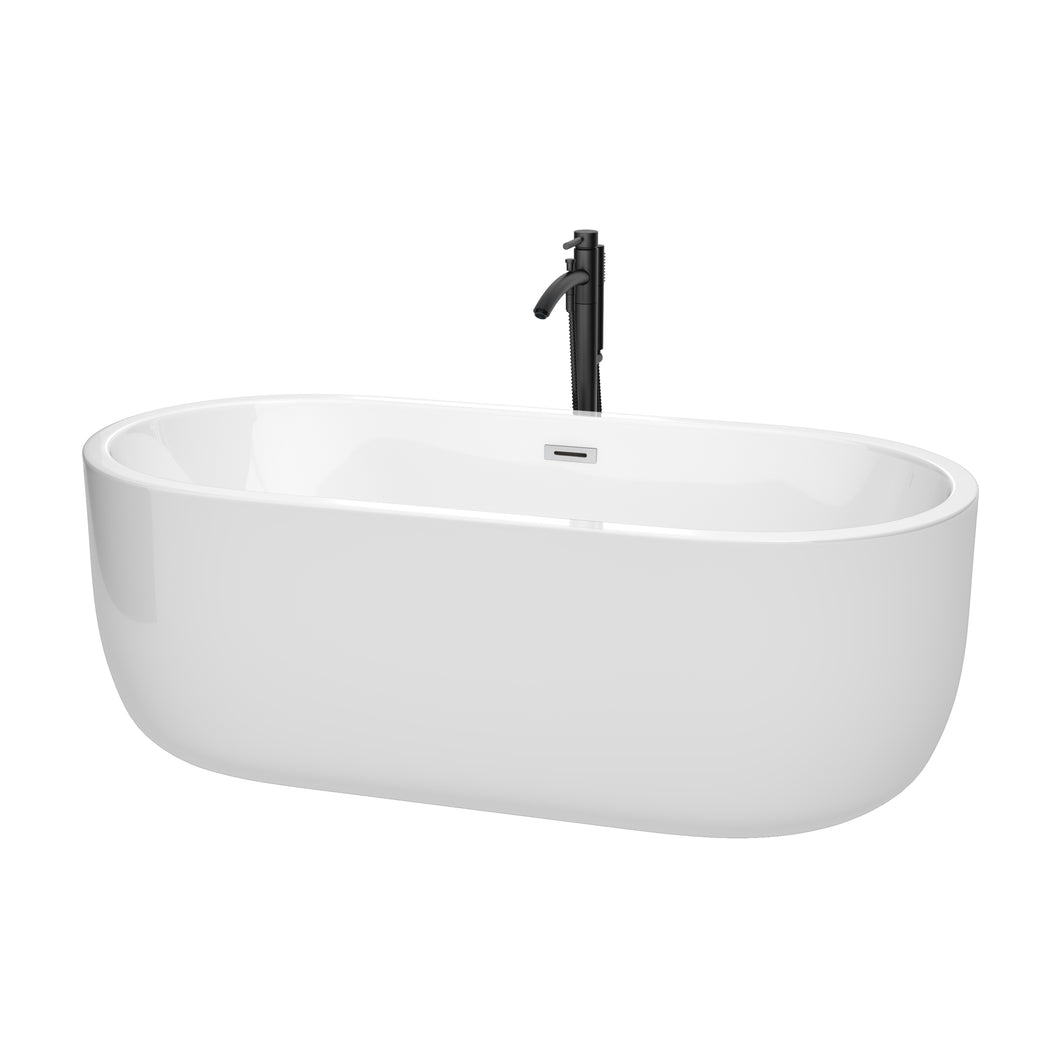 Wyndham Juliette 67 Inch Freestanding Bathtub in White with Polished Chrome Trim and Floor Mounted Faucet in Matte Black- Wyndham