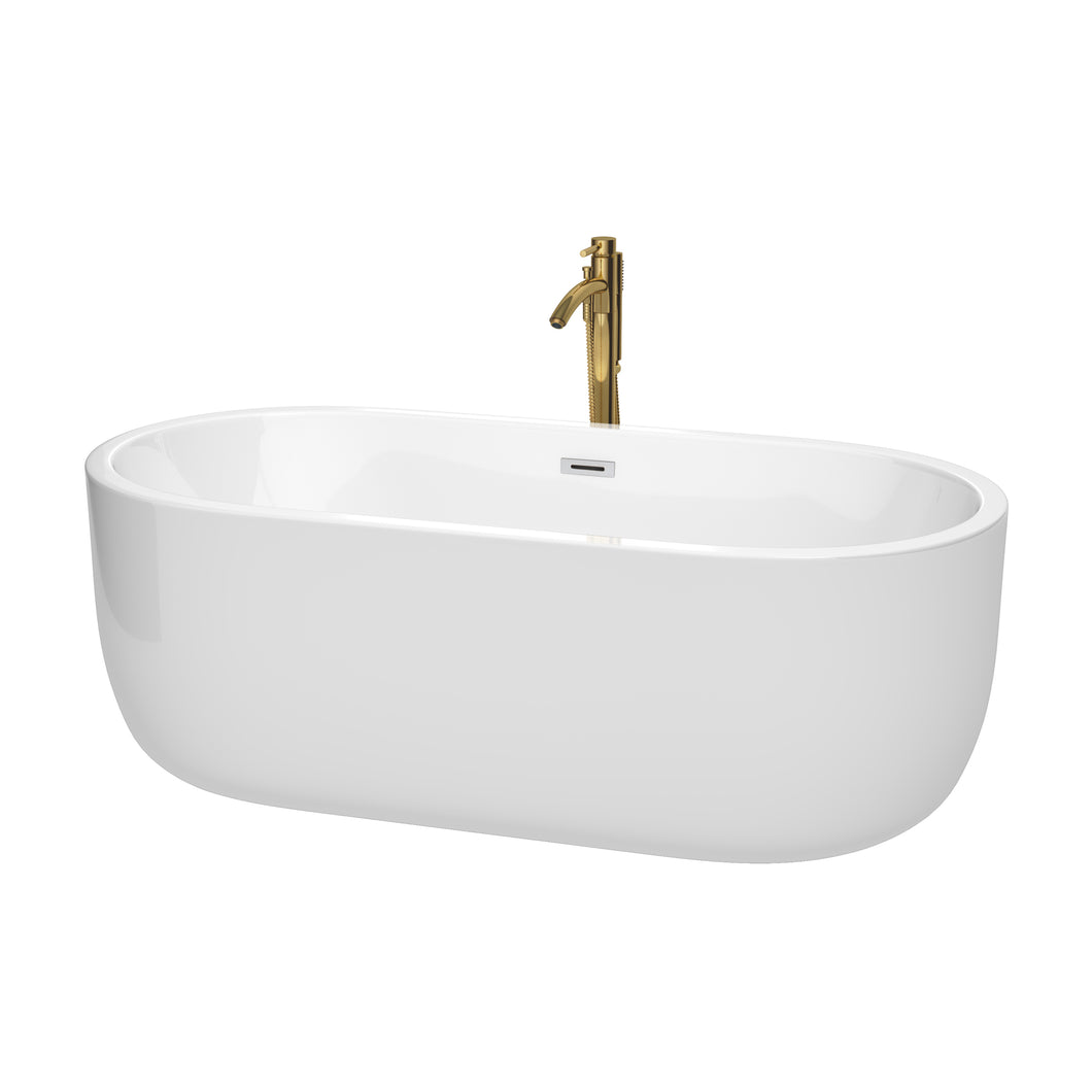 Wyndham Juliette 67 Inch Freestanding Bathtub in White with Polished Chrome Trim and Floor Mounted Faucet in Brushed Gold- Wyndham