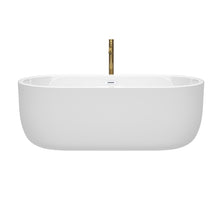 Load image into Gallery viewer, Wyndham Juliette 67 Inch Freestanding Bathtub in White with Shiny White Trim and Floor Mounted Faucet in Brushed Gold- Wyndham