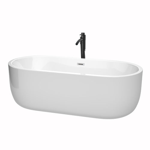 Wyndham Juliette 71 Inch Freestanding Bathtub in White with Polished Chrome Trim and Floor Mounted Faucet in Matte Black- Wyndham