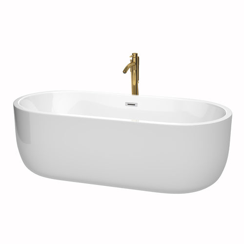 Wyndham Juliette 71 Inch Freestanding Bathtub in White with Polished Chrome Trim and Floor Mounted Faucet in Brushed Gold- Wyndham