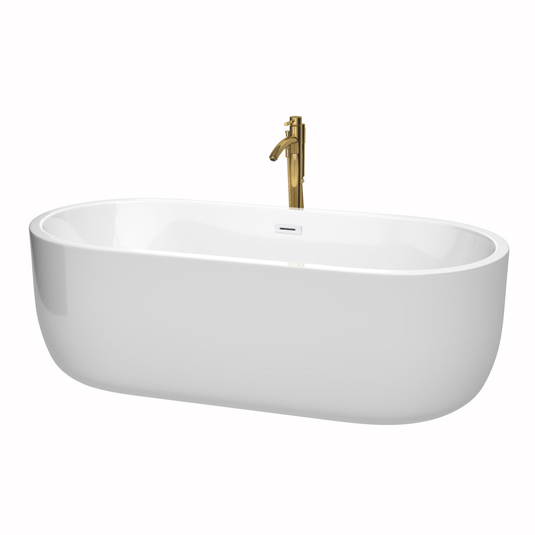 Wyndham Juliette 71 Inch Freestanding Bathtub in White with Shiny White Trim and Floor Mounted Faucet in Brushed Gold- Wyndham