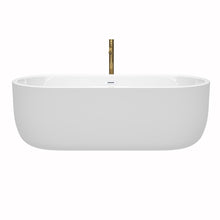 Load image into Gallery viewer, Wyndham Juliette 71 Inch Freestanding Bathtub in White with Shiny White Trim and Floor Mounted Faucet in Brushed Gold- Wyndham