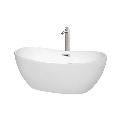 Wyndham Rebecca 60 Inch Freestanding Bathtub in White with Floor Mounted Faucet, Drain and Overflow Trim in Brushed Nickel- Wyndham