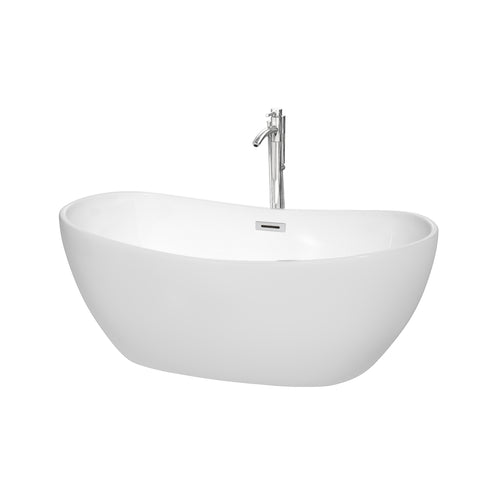 Wyndham Rebecca 60 Inch Freestanding Bathtub in White with Floor Mounted Faucet, Drain and Overflow Trim in Polished Chrome- Wyndham