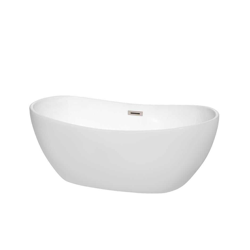 Wyndham Rebecca 60 Inch Freestanding Bathtub in White with Brushed Nickel Drain and Overflow Trim- Wyndham