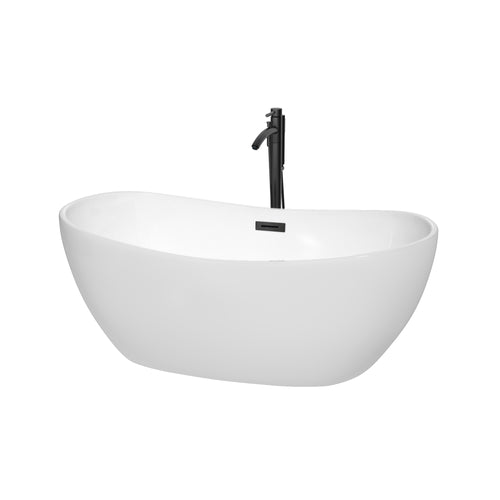 Wyndham Rebecca 60 Inch Freestanding Bathtub in White with Floor Mounted Faucet, Drain and Overflow Trim in Matte Black- Wyndham