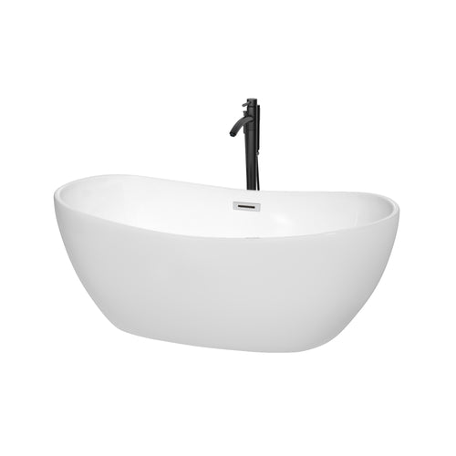 Wyndham Rebecca 60 Inch Freestanding Bathtub in White with Polished Chrome Trim and Floor Mounted Faucet in Matte Black- Wyndham
