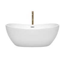 Load image into Gallery viewer, Wyndham Rebecca 60 Inch Freestanding Bathtub in White with Polished Chrome Trim and Floor Mounted Faucet in Brushed Gold- Wyndham
