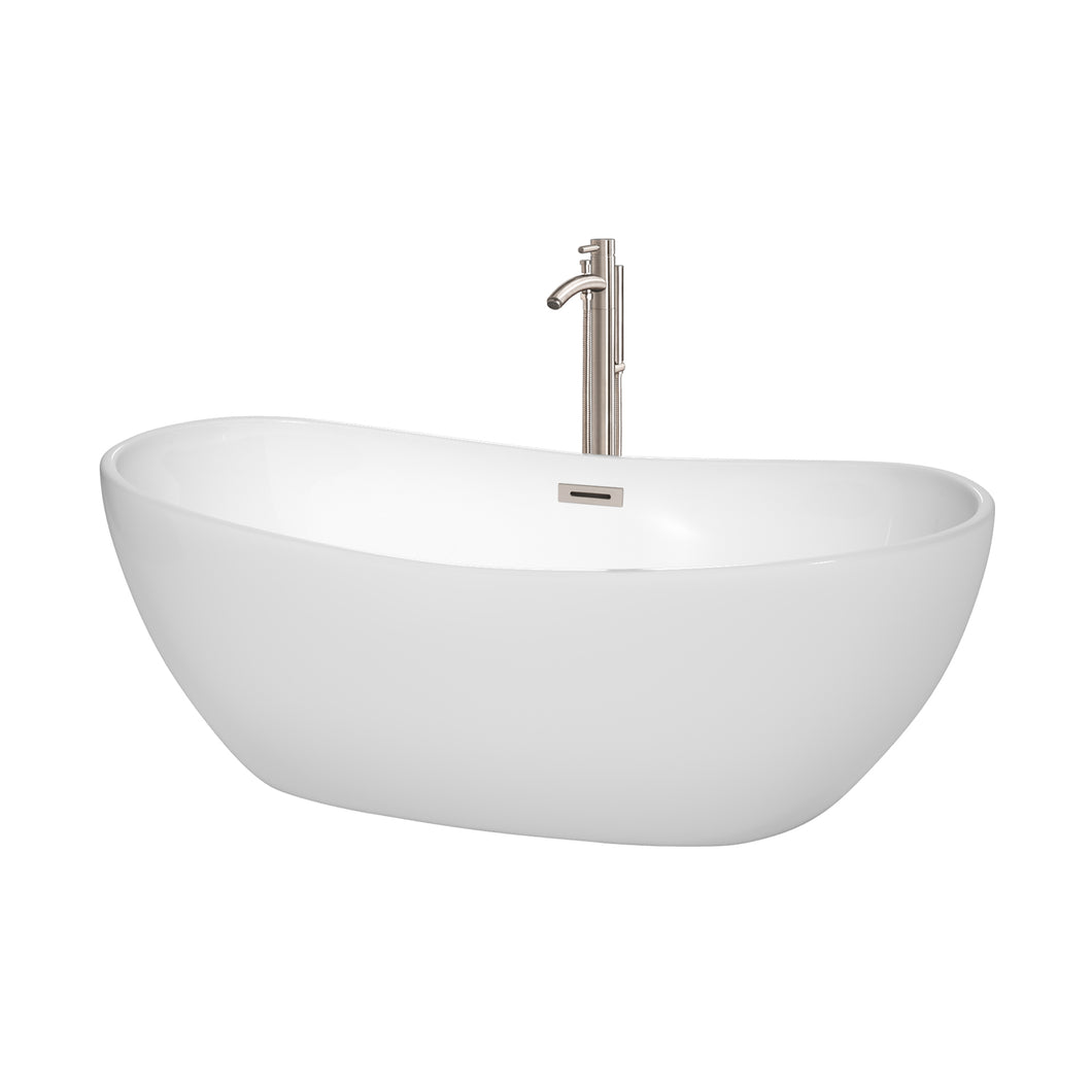 Wyndham Rebecca 65 Inch Freestanding Bathtub in White with Floor Mounted Faucet, Drain and Overflow Trim in Brushed Nickel- Wyndham