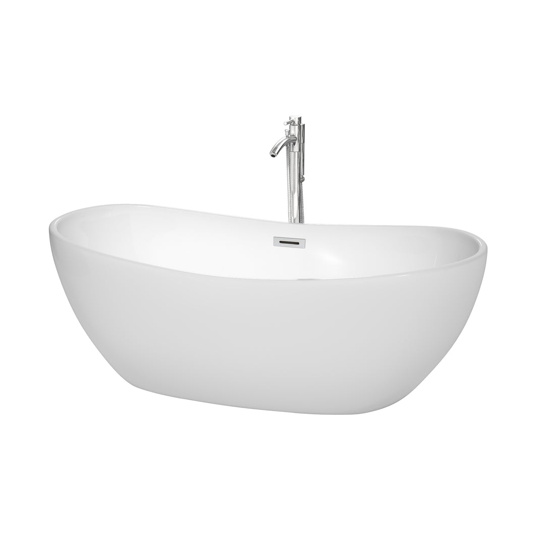 Wyndham Rebecca 65 Inch Freestanding Bathtub in White with Floor Mounted Faucet, Drain and Overflow Trim in Polished Chrome- Wyndham