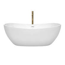 Load image into Gallery viewer, Wyndham Rebecca 65 Inch Freestanding Bathtub in White with Shiny White Trim and Floor Mounted Faucet in Brushed Gold- Wyndham