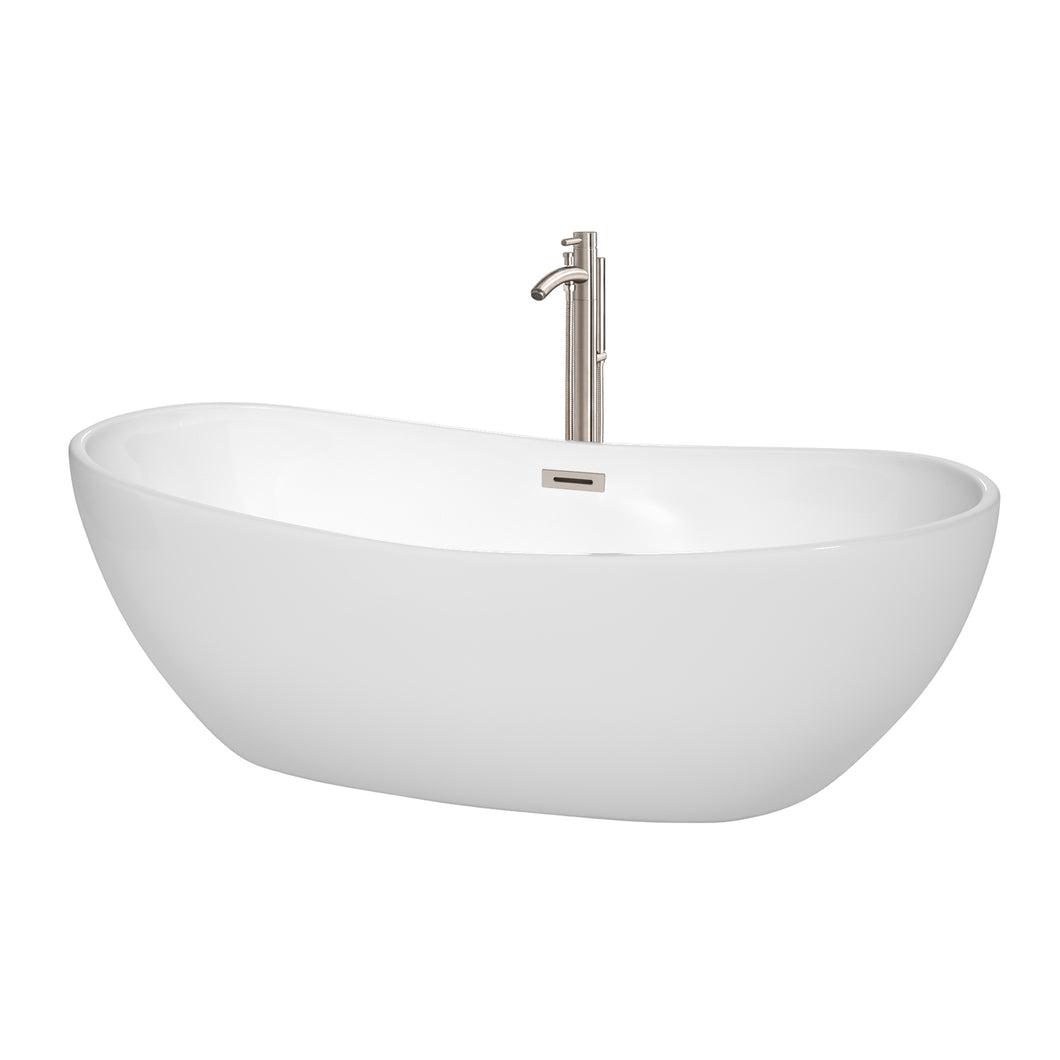 Wyndham Rebecca 70 Inch Freestanding Bathtub in White with Floor Mounted Faucet, Drain and Overflow Trim in Brushed Nickel- Wyndham