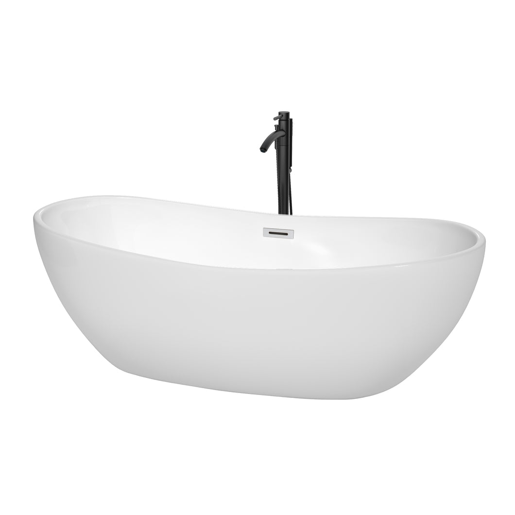 Wyndham Rebecca 70 Inch Freestanding Bathtub in White with Polished Chrome Trim and Floor Mounted Faucet in Matte Black- Wyndham