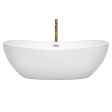 Load image into Gallery viewer, Wyndham Rebecca 70 Inch Freestanding Bathtub in White with Polished Chrome Trim and Floor Mounted Faucet in Brushed Gold- Wyndham