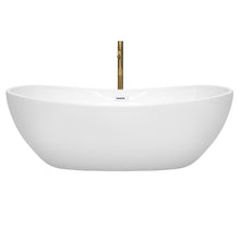 Load image into Gallery viewer, Wyndham Rebecca 70 Inch Freestanding Bathtub in White with Shiny White Trim and Floor Mounted Faucet in Brushed Gold- Wyndham