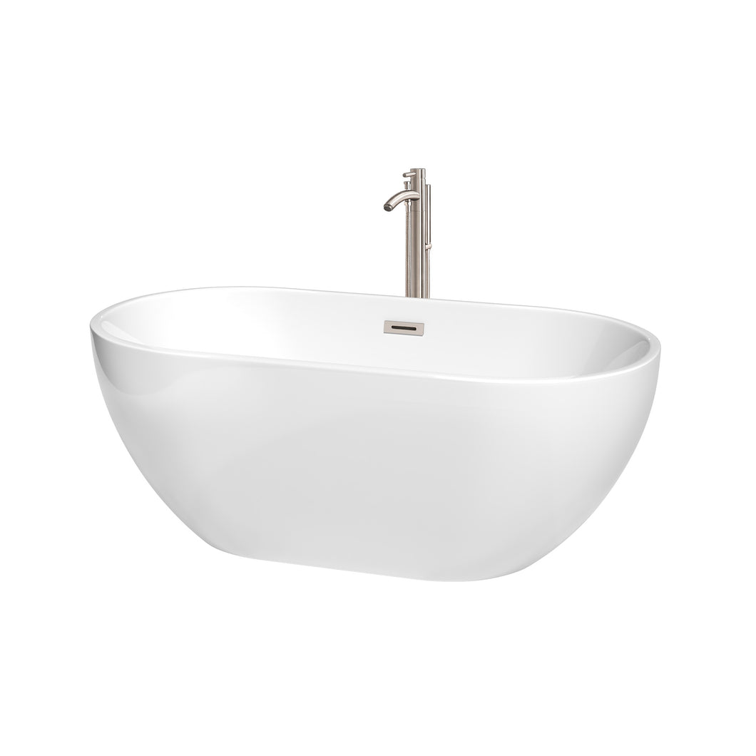 Wyndham Brooklyn 60 Inch Freestanding Bathtub in White with Floor Mounted Faucet, Drain and Overflow Trim in Brushed Nickel- Wyndham