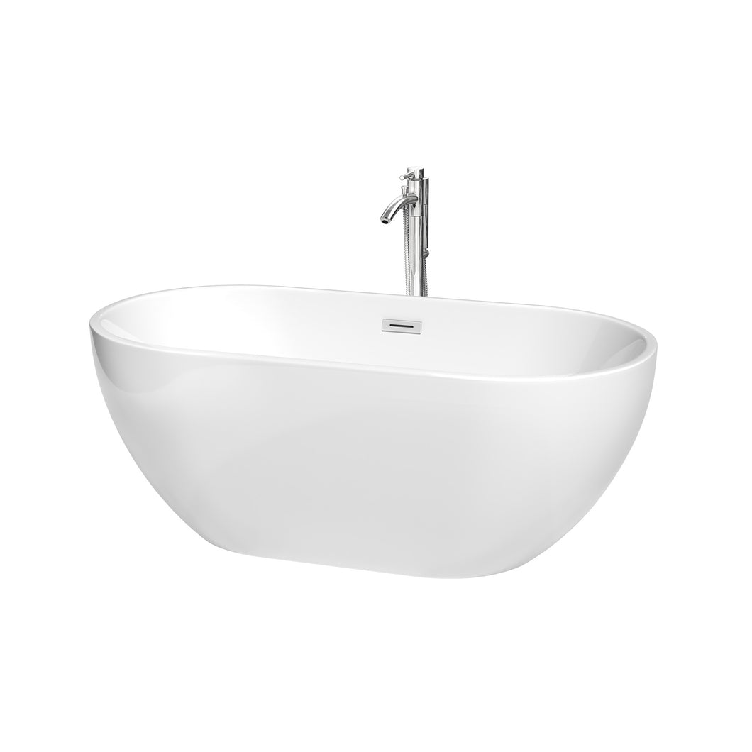 Wyndham Brooklyn 60 Inch Freestanding Bathtub in White with Floor Mounted Faucet, Drain and Overflow Trim in Polished Chrome- Wyndham