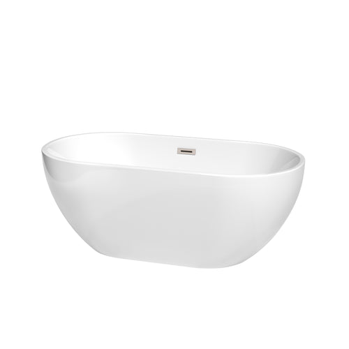 Wyndham Brooklyn 60 Inch Freestanding Bathtub in White with Brushed Nickel Drain and Overflow Trim- Wyndham