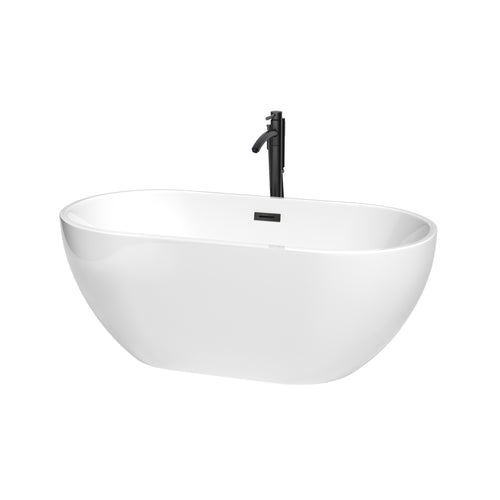 Wyndham Brooklyn 60 Inch Freestanding Bathtub in White with Floor Mounted Faucet, Drain and Overflow Trim in Matte Black- Wyndham