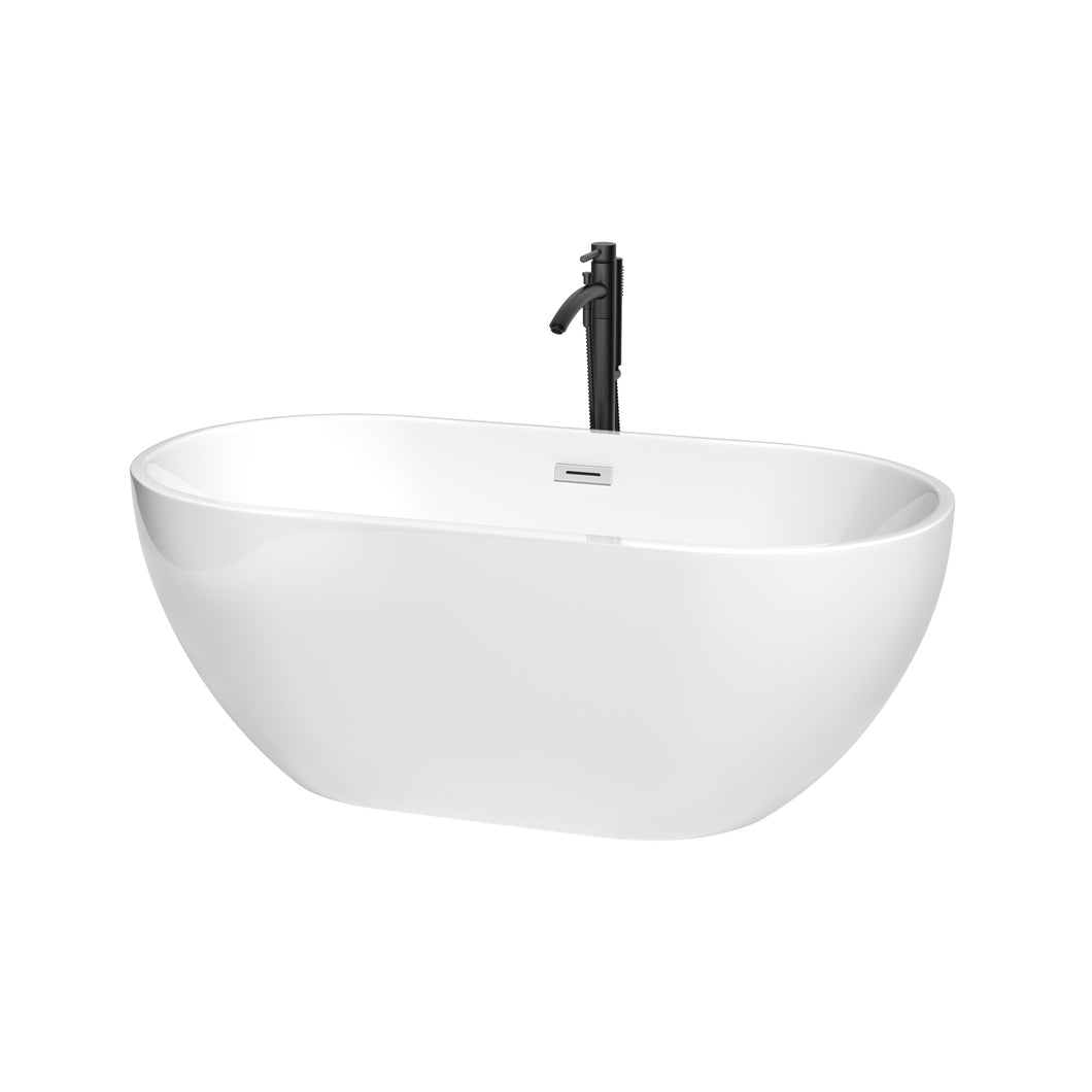 Wyndham Brooklyn 60 Inch Freestanding Bathtub in White with Polished Chrome Trim and Floor Mounted Faucet in Matte Black- Wyndham