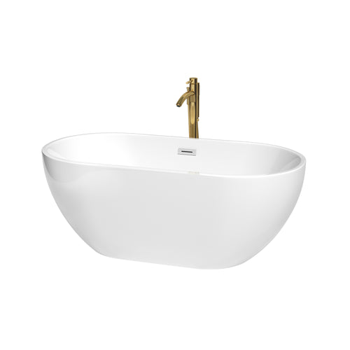 Wyndham Brooklyn 60 Inch Freestanding Bathtub in White with Polished Chrome Trim and Floor Mounted Faucet in Brushed Gold- Wyndham