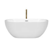 Load image into Gallery viewer, Wyndham Brooklyn 60 Inch Freestanding Bathtub in White with Polished Chrome Trim and Floor Mounted Faucet in Brushed Gold- Wyndham