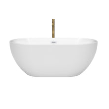 Load image into Gallery viewer, Wyndham Brooklyn 60 Inch Freestanding Bathtub in White with Shiny White Trim and Floor Mounted Faucet in Brushed Gold- Wyndham