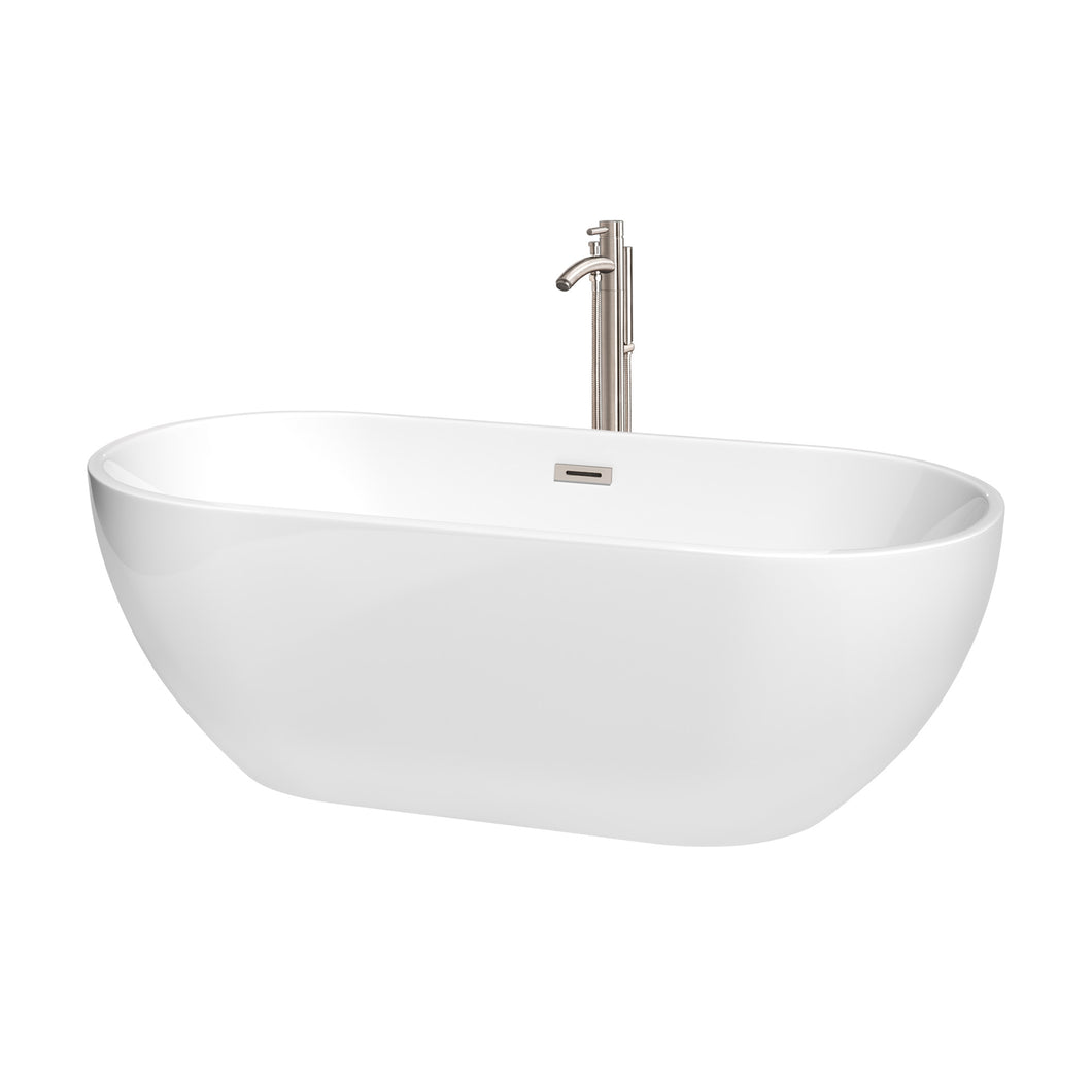 Wyndham Brooklyn 67 Inch Freestanding Bathtub in White with Floor Mounted Faucet, Drain and Overflow Trim in Brushed Nickel- Wyndham