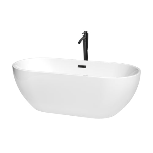 Wyndham Brooklyn 67 Inch Freestanding Bathtub in White with Floor Mounted Faucet, Drain and Overflow Trim in Matte Black- Wyndham