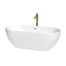 Load image into Gallery viewer, Wyndham Brooklyn 67 Inch Freestanding Bathtub in White with Polished Chrome Trim and Floor Mounted Faucet in Brushed Gold- Wyndham