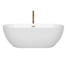 Load image into Gallery viewer, Wyndham Brooklyn 67 Inch Freestanding Bathtub in White with Polished Chrome Trim and Floor Mounted Faucet in Brushed Gold- Wyndham