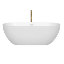 Load image into Gallery viewer, Wyndham Brooklyn 67 Inch Freestanding Bathtub in White with Shiny White Trim and Floor Mounted Faucet in Brushed Gold- Wyndham
