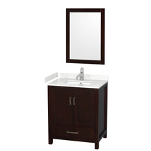 Load image into Gallery viewer, Wyndham Sheffield 30 Inch Single Bathroom Vanity in Espresso, Carrara Cultured Marble Countertop, Undermount Square Sink, 24 Inch Mirror- Wyndham