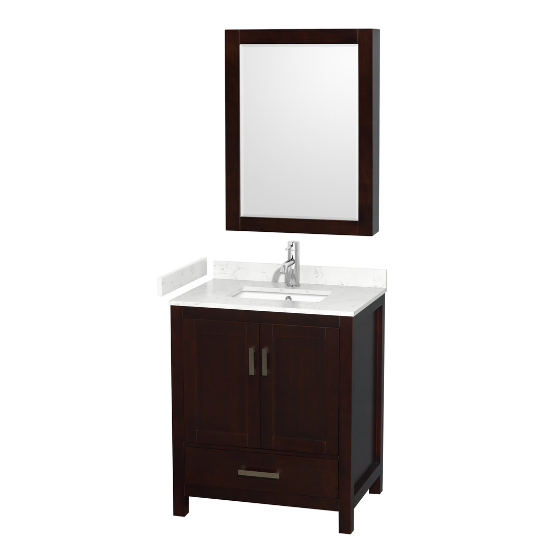 Wyndham Sheffield 30 Inch Single Bathroom Vanity in Espresso, Carrara Cultured Marble Countertop, Undermount Square Sink, Medicine Cabinet- Wyndham